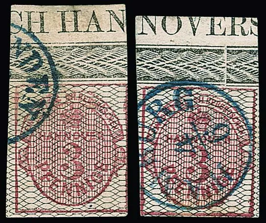 3 Pfge. carmin, noir quadrillé, deux pièces de bordure supérieure avec inscription continue "CH HAN" et "NOVERS", une touchée à droite, une en bas à gauche un peu juste