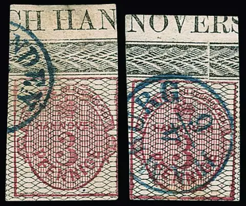 3 Pfge. carmin, noir quadrillé, deux pièces de bordure supérieure avec inscription continue "CH HAN" et "NOVERS", une touchée à droite, une en bas à gauche un peu juste