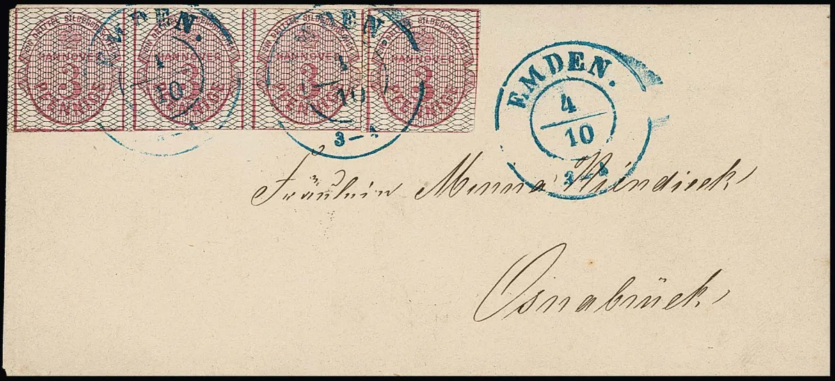 3 Pfge. carmin, noir quadrillé, bande de trois et pièce unique, partiellement coupés, comme présentation inhabituelle du tarif 1 Ggr. sur enveloppe de dame avec K2 "Emden" pour Osnabrück, certificat Berger
