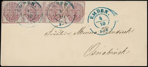 3 Pfge. carmin, noir quadrillé, bande de trois et pièce unique, partiellement coupés, comme présentation inhabituelle du tarif 1 Ggr. sur enveloppe de dame avec K2 "Emden" pour Osnabrück, certificat Berger