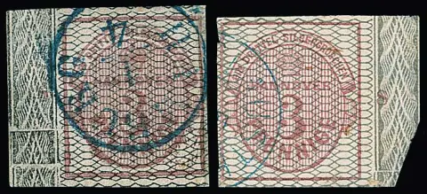 3 Pfge. carmin, noir quadrillé, pièce de bordure gauche avec Rz. "6" et rupture de bordure nette, K1 "Hambourg", bord droit rapporté, plus 3 Pfge. carmin, réseau gris, avec bord de feuille droit et Rz. "8", minusculement rugueux, photo exp. Berger