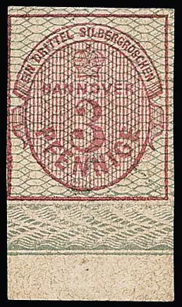 3 Pfge. carmine, grey netted, rare bottom border piece with full lower sheet margin, unused with original gum, left slightly "magnifying glass margin"/margin line cut, signed Peinelt, Decker