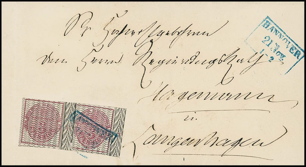 3 Pfge. carmin, gris réticulé, deux bords droits avec bordures, numéros de rangée "12" et "7", réparations discrètes sur les bords, sur lettre de collection décorative…