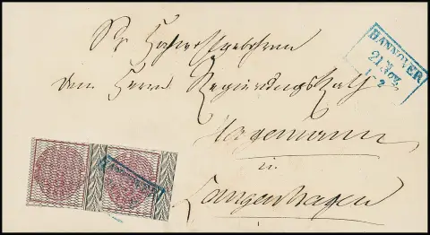 3 Pfge. carmin, gris réticulé, deux bords droits avec bordures, numéros de rangée "12" et "7", réparations discrètes sur les bords, sur lettre de collection décorative…