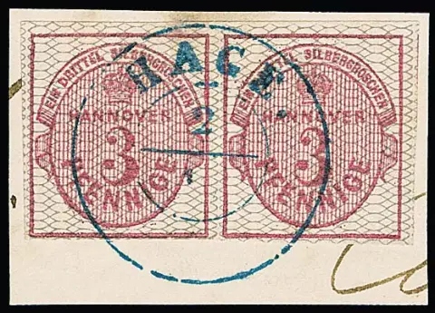 3 Pfge. carmin, gris réticulé, paire horizontale sur fragment de lettre de cabinet avec K2 centrique "Hage". Timbre gauche en haut seulement dans la marge supérieure petite irrégularité de papier,…