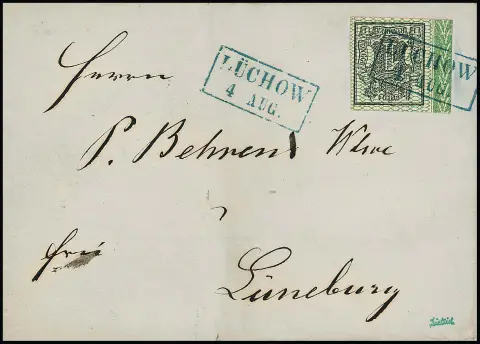 1 Ggr. noir/vert, pièce de choix avec bordure de feuille à gauche et numéro de rangée "8" sur lettre pliée avec Ra2 "Lüchow"