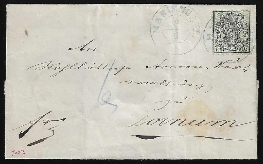 1 Ggr. schw./grün, Prachtstück auf Brief (leichte Gebrauchsspuren) mit K2 "Marienhave" in die Briefsammlung "Dornum" mit hs. "6" Pfg. Bestellgeld