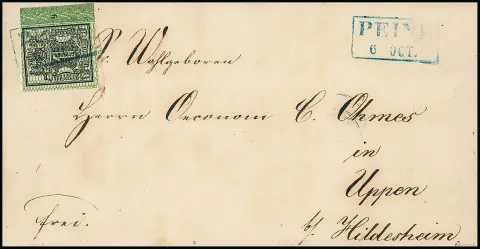 1 Ggr. noir/vert, à droite avec bordure de feuille et numéro de rangée "9", avec Ra2 "Peine" sur lettre magnifique pour Uppen près de Hildesheim, signé Pfenninger