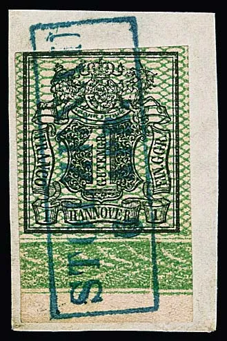 1 Ggr. black/green (top left "magnifying glass margin") on superb letter piece with full Ra2 "Stolzenau", at bottom full sheet margin, signed Bringmann
