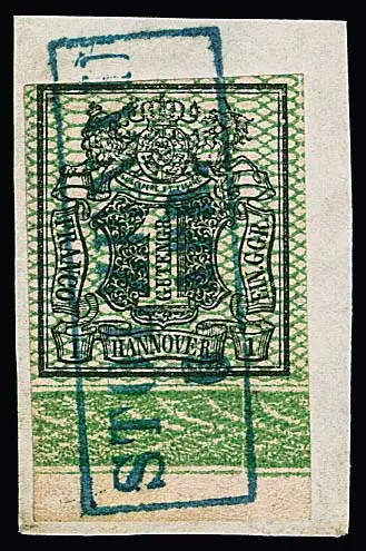 1 Ggr. noir/vert (en haut à gauche "bord de loupe") sur pièce de lettre magnifique avec Ra2 complet "Stolzenau", en bas bordure inférieure complète, signé Bringmann