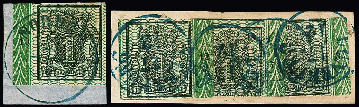 1 Ggr. vert foncé, petite trace de froissement en haut, à gauche de la marge de feuille avec numéro de rangée "10" sur fragment de lettre avec K2 centré "Norden", plus autre fragment (timbres décollés et replacés, défauts de coupe typiques) avec trois (!) bords de bordure 1 Ggr., Rz. "3", "7" et "12"