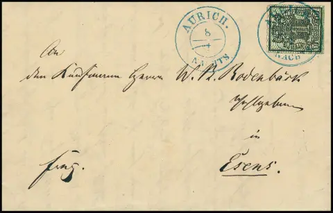 1 Ggr. vert foncé avec défaut de plaque bien visible "ligne de bord droite déformée", en bas nette amorce de bordure, ici du champ 117 de l'édition de 1856, sur lettre de cabinet fraîche 1857 d'Aurich à Esens. Mi. 400,-