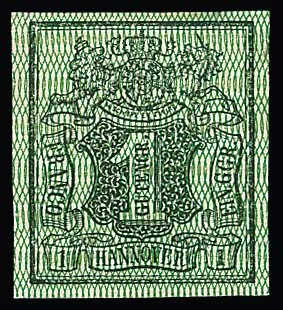 1 Ggr. black/green, proof with vertical network, flawless, as issued without gum, signed Berger, Lechte No. 5. Mi. 300,- +
