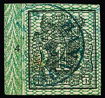1 Ggr. schw./grün, linkes Bordüren-Randstück (gering getönt) mit Reihenzahl "4", von Feld 31 ohne den früheren Plattenfehler II vom ausgetauschten Klischee,…