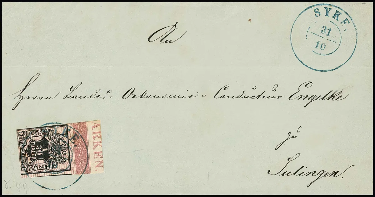 1/30 Th. schw./rosa, angeschnittenes Oberrandstück mit Rand-Inschrift "ARKEN" auf Briefvs. mit K2 "Syke"