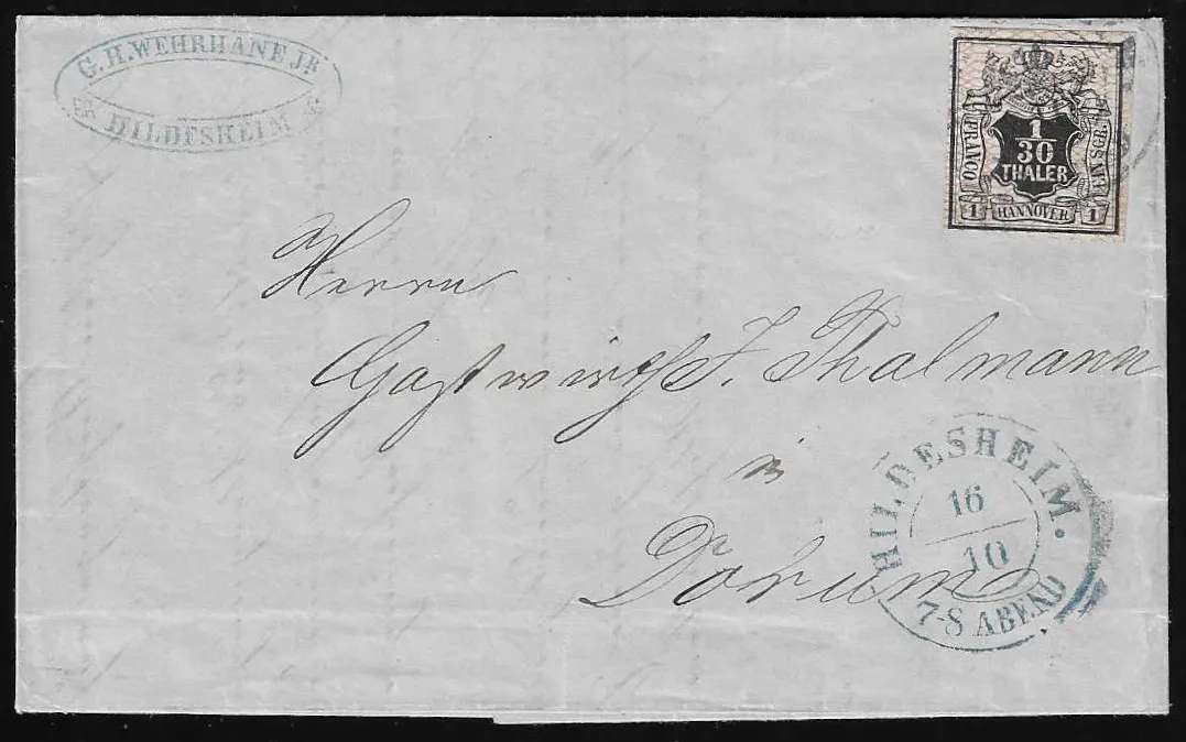 1/30 Th. noir/rose sur lettre magnifique en usage intérieur avec cachet K2 "Hildesheim" (type spécial avec heure) vers Dornum