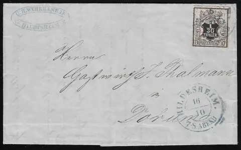1/30 Th. noir/rose sur lettre magnifique en usage intérieur avec cachet K2 "Hildesheim" (type spécial avec heure) vers Dornum