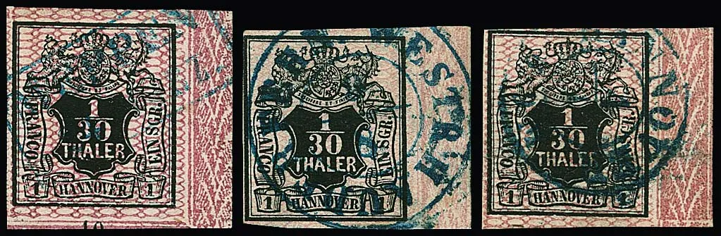 1/30 Th. zwart/roze, drie rechter randstukken van de oplage 1856/57 zonder rijnummer, eenmaal onopvallende vouw, eenmaal centraal gestempeld K2 "Westrhauderfehn", gesigneerd Grobe, plus breedgerande rechteronder kabinet-randhoek met begin van rijnummer "12", gesigneerd Berger, Neumann, Ressel