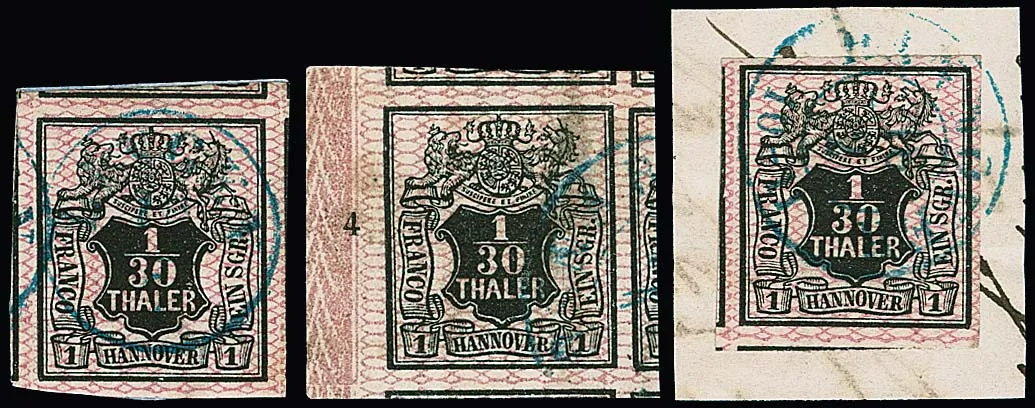 1/30 Th. black/pink, three huge-margin pieces, one with sheet margin and row number "4" (minor flaw)