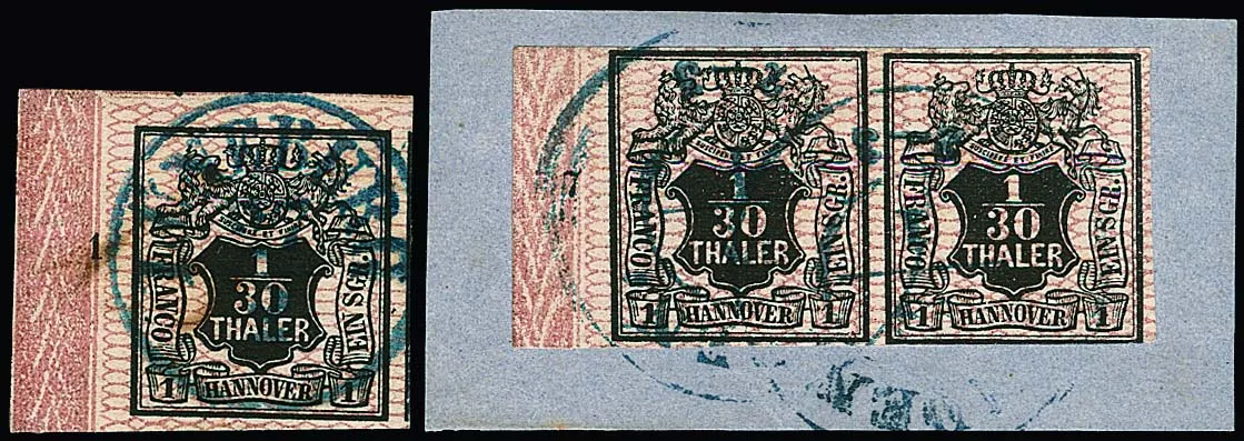 1/30 Th. black/pink, eight left border pieces with various row numbers, "1", "2" (interesting plate flaw "dented corner bottom right"),…
