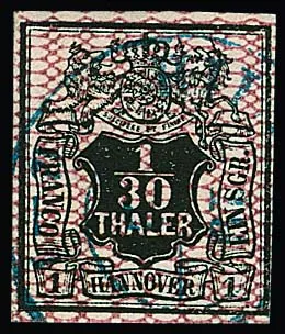 1/30 Th. schw./tiefkarmin, gute Farbe, tadellos gestempelt, Attest Jäschke-L. Mi. 600,-