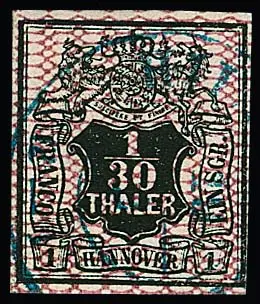 1/30 Th. noir/carmin foncé, bonne couleur, oblitéré impeccable, certificat Jäschke-L. Mi. 600,-