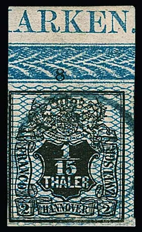 1/15 Th. noir/bleu (petit défaut), rare pièce de bordure supérieure avec numéro de rangée "8" et inscription "MARKEN"