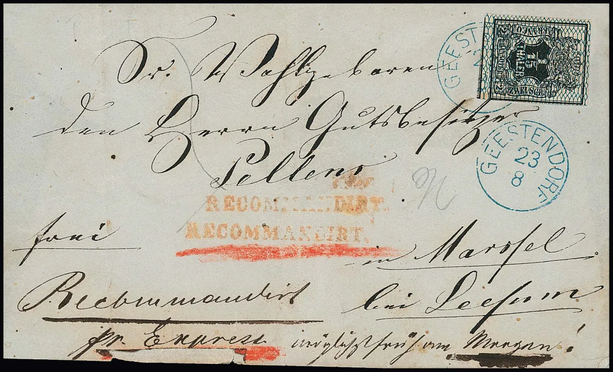1/15 Th. černo/modrá, nádherný kus na vzácné doporučené venkovské expresní zásilce s K1 "Geestendorf" do Marssel u Lesum, objednávka "co nejdříve ráno!"