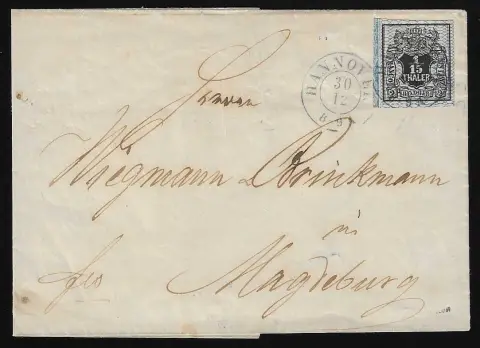 1/15 Th. noir/bleu, pièce de cabinet aux grandes marges avec bordure à gauche, sur lettre de Hanovre à Magdebourg, Mi. 250,- +