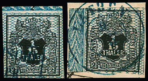 1/15 Th. noir/bleu, trois fragments de bordure oblitérés, dont un avec large bord de feuille à gauche sur fragment de lettre avec K2 centré "Lathen" (écrasement naturel du cachet), et deux fragments de bord supérieur (chacun Rz. "2")