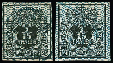 1/15 Th. noir/bleu, défauts de plaque "R mutilé" et "H à double barre" (celui-ci petite pliure), chacun oblitéré. Mi. 600,-