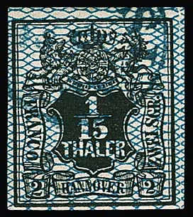 1/15 Th. schw./blau, gest. Kabinettstück mit Plattenfehler " E von THALER mit Einfassung verbunden"