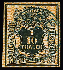 1/10 Th. black/orange, cabinet piece (typical Hanover gum) with centered "Fingerhut" K1 "Essel"