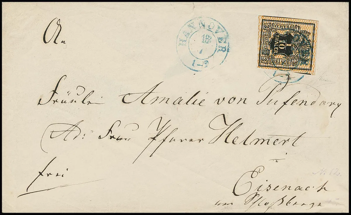 1/10 Th. noir/orange, pièce de cabinet à bords immenses (trois côtés timbres voisins) sur enveloppe de l'Union postale (celle-ci légères traces d'usure) de Hanovre (K2) à Eisenach