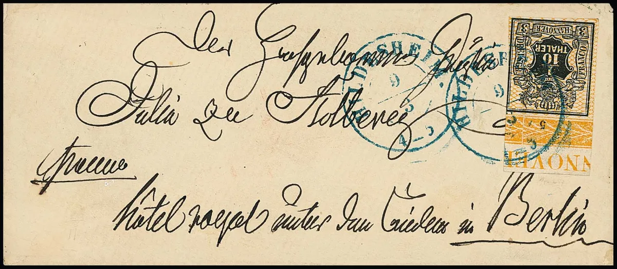 1/10 Th. schw./orange, seltenes großes Bordüren-Oberrandstück mit Randinschrift "NNOVER" und Reihenzahl "5", rechts auf Randlinie geschnitten, auf…