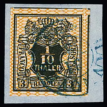 1/10 Th. noir/orange, pour cette émission avec des marges énormes et trois timbres voisins sur fragment de lettre de cabinet avec K2 "Hannover"