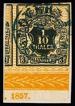 1/10 Th. černá/oranžová, velký dolní okrajový kus na kusu dopisu s plným letopočtem "1857", vpravo dole okrajová linie poněkud domalována, se zvláštností, že známka vykazuje deskovou vadu "levý horní roh šikmý" a viditelná sousední známka deskovou vadu vpravo nahoře