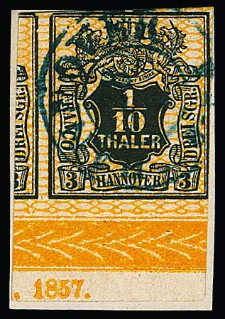 1/10 Th. noir/orange, grand fragment de bordure inférieure sur fragment de lettre avec année complète "1857", ligne de marge en bas à droite un peu retouchée, avec la particularité que le timbre présente le défaut de plaque "coin supérieur gauche oblique" et le timbre voisin visible le défaut de plaque en haut à droite