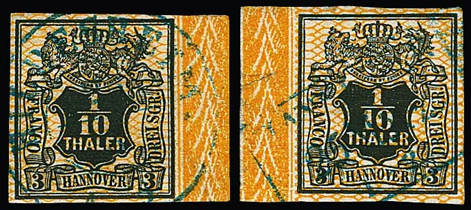 1/10 Th. black/orange, two cabinet border pieces right and left from the 1856 issue without row number