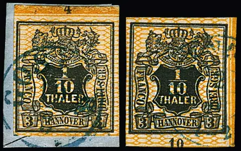 1/10 Th. noir/orange, deux petits bords de bordure, du bord supérieur (Rz. "4") sur pièce de lettre de cabinet avec K1 "Goslar", ex Ohrt, ainsi qu'un coin de feuille inférieur droit un peu froissé ("10")