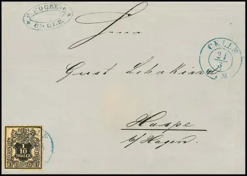 1/10 Th. noir/orange, défaut de plaque "Kringel auf Bruchstrich", pièce de cabinet sur lettre (traces de pliage typiques) de Celle, Mi. 600,-