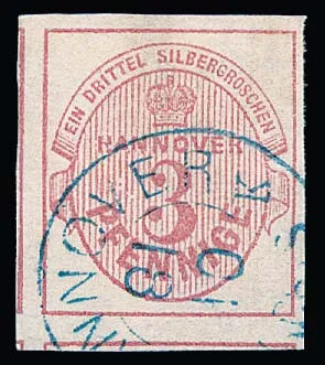3 Pfge. rosa, überrandiges Kabinettstück (zwei Seiten Nebenmarken) mit K2 von Hannover, sign. Berger