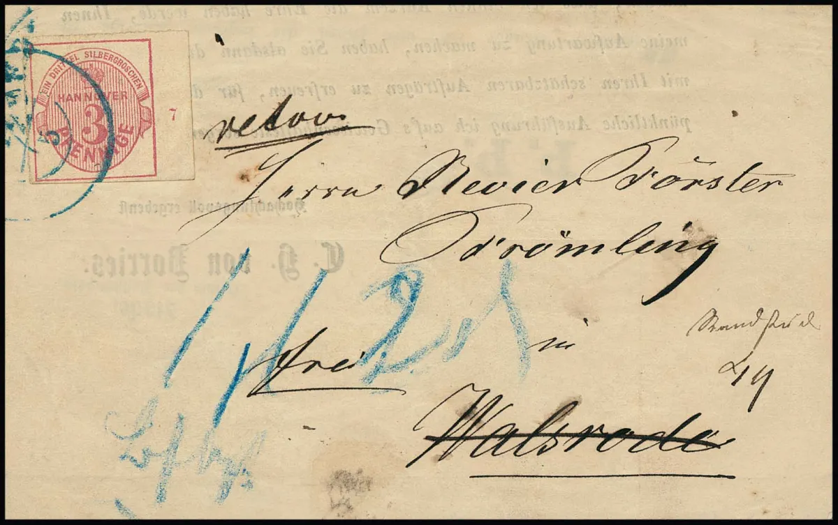 3 Pfge. roze, breedrandig kabinetstuk met rechter velrand (rijnummer "7") op retour-drukwerk van "Verden" (K2) naar Walsrode, hs. brievenbus- en nabetalingsaantekeningen (acceptatie geweigerd), foto exp. Berger