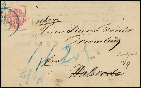 3 Pfge. rose, pièce de cabinet à larges marges avec bord de feuille droit (numéro de rangée "7") sur imprimé retour de "Verden" (K2) vers Walsrode, mentions manuscrites de boîte aux lettres et de taxe (acceptation refusée), photo exp. Berger