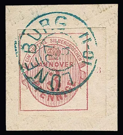 3 Pfg. roze, gesneden vol tot overrandig, rechts met velrand en rijnummer "3", op kabinetstuk met K2 "Lüneburg", gesigneerd Berger