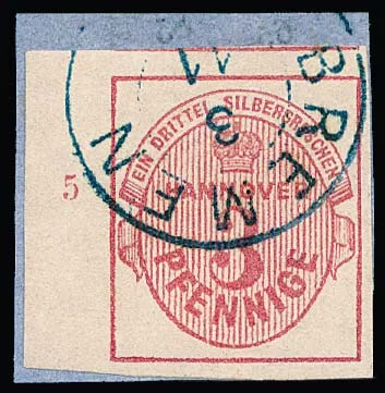 3 Pfge. roze van linker velrand met rijnummer "5" op kabinetstuk met K2 "Bremen", gesigneerd Drahn, Kruschel