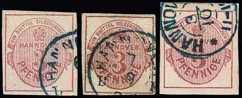3 Pfge. roze, donkerroze (zeer brede rand) en donkerlilaroze, drie gestempelde kabinetstukken, gesigneerd Berger resp. Pfenninger