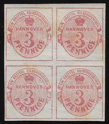 3 Pfg. roze, ongebruikte prachtige vierblok met volle, typisch iets gelig doorschijnende originele gom, Mi. 500,-