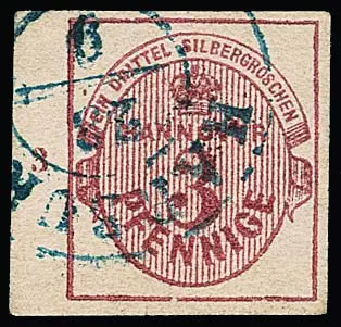 3 Pfge. karmijn, kabinetstuk met linker velrand, rijnummer "3", K2 "Harburg", foto exp. Berger
