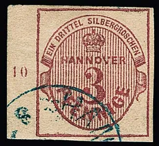 3 Pfge. carmin, pièce de cabinet oblitérée du bord gauche de feuille avec numéro de rangée "10", expertise photo Berger
